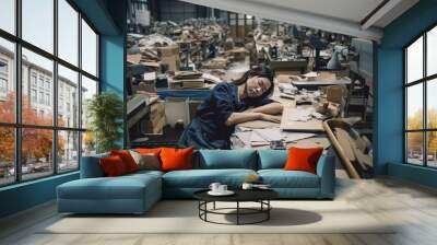 Exhausted Asian female master in casual clothes sleeping on wooden table with papers during break from work process at workplace Wall mural