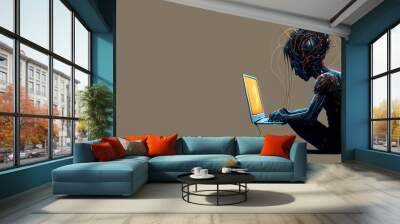 Side view of unrecognizable cyborg person addicted to internet and technology typing on keyboard of laptop, generative ai on brown background with copy space. Wall mural