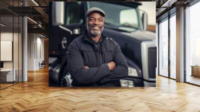 Smiling black truck driver standing proud in front of his truck with copy space right at sunset. Concept of transporters and truckers workers. Wall mural