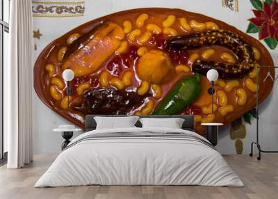 very elaborate cake that looks like a stew or potage with beans, sausage and meat, pepper and other  Wall mural