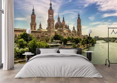 Zaragoza. Basilica del Pilar and Ebro River in the Evening. Aragon, Spain Wall mural