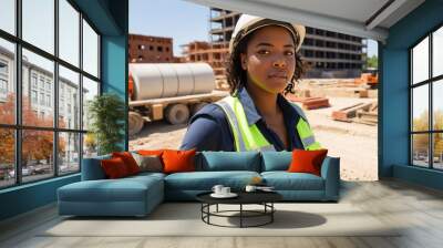 de&I image of black woman construction worker at construction site diversity, equity and inclusion female power Wall mural