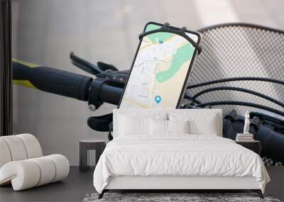 mobile phone with navigation on the screen on the bicycle. tourist bike  Wall mural