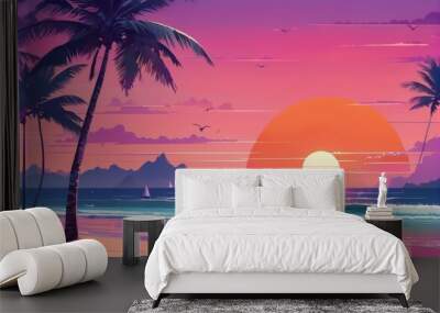 A serene tropical sunset illuminating a peaceful beach with palm trees and a quiet fishing boat near calm waters Wall mural