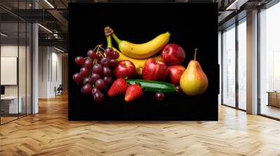 A vibrant assortment of fresh fruits arranged artfully on a black background, showcasing nature's colorful bounty in perfect harmony Wall mural