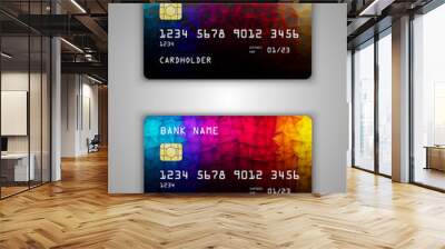 Bank card. Modern credit card template design. Red, blue, multicolor, black, youth color. Triangles Wall mural