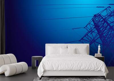 Vector contour silhouette. Substation, powerhouse. High-voltage line. Blue background, cover. Sky. Poles cable Background Wall mural