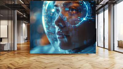 Exploring universe, woman in futuristic helmet gazes thoughtfully Wall mural