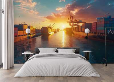 Sunset over cargo ships in busy port, creating vibrant scene Wall mural