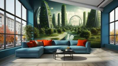 A futuristic eco-friendly city. The innovations of an eco-friendly metropolis. Green technology concept. Generative AI Wall mural