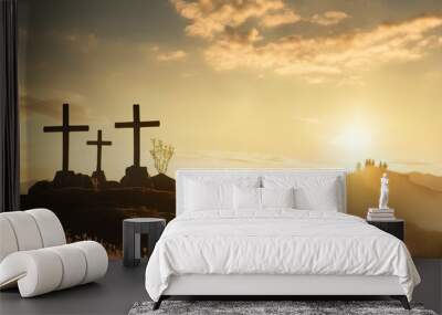 christian easter scene he is risen mount calvary and three silhouettes of crosses at sunrise banner for easter Wall mural