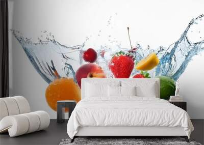 fresh and juicy fruits falling into water with a splash isolated on white background fresh fruits juicy fruits falling into water splash isolated white background fruit splash water Wall mural