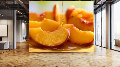 fresh juicy peach slices drizzled sweet healthy fruity snack honey ripe delicious dessert natural organic vitamin summer tasty yellow gourmet Wall mural