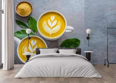 turmeric latte golden milk hot healthy drink concrete background top view Wall mural