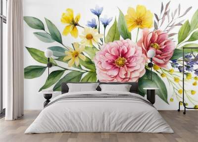 watercolor arrangements with garden flowers bouquets with pink yellow wildflowers leaves branches botanic illustration isolated on white background Wall mural