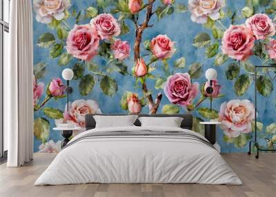 watercolor garden rose bouquet blooming tree seamless pattern chinoiserie floral texture on blue Wall mural