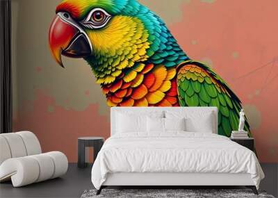 brightly colored parrot sitting on a branch with a pink background. Wall mural