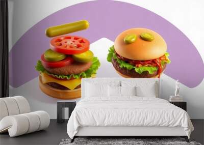 there are two hamburgers with pickles and tomatoes on them. Wall mural