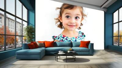 there is a little girl that is smiling and wearing a dress. Wall mural