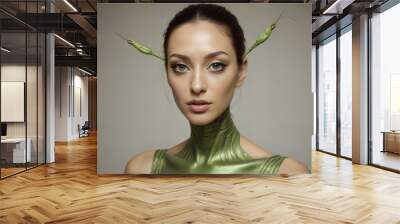 there is a woman with green paint on her face and a green alien costume. Wall mural