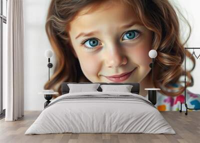 there is a young girl with blue eyes and a white shirt. Wall mural