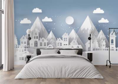 Illustration of cityscape with  Urban Countryside with full moon and snow, Merry Christmas and winter season , paper art and craft style. Wall mural