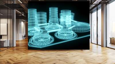 3d render illustration Nuclear power station cooling tower  hologram ecology pollution save planet environment . Radioactive nuclear reactor electricity  Wall mural