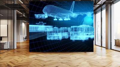 3D rendering illustration aeroplane cargo ship and Lorry truck with world maps blueprint glowing neon hologram futuristic show technology security for premium product business finance  transportation Wall mural