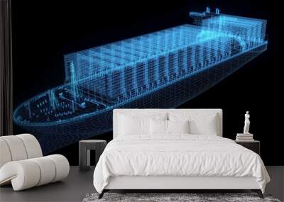 3D rendering illustration cargo ship blueprint glowing neon hologram futuristic show technology security for premium product business finance transportation  Wall mural