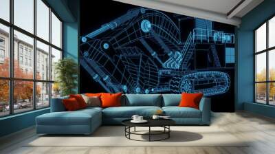 3D rendering illustration excavator blueprint glowing neon hologram futuristic show technology security for premium product business finance   Wall mural