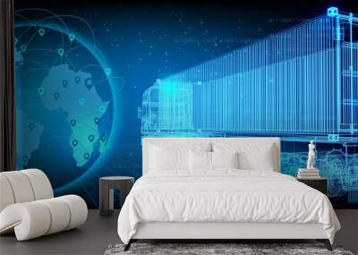 3D rendering illustration truck with world map with container blueprint glowing neon hologram futuristic  technology security for product business finance   delivery logistic shipping transportation Wall mural