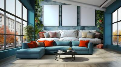 modern apartement livingroom in the afterday with furniture,modern white sofa ,green plants,blue walls,with interior mockup with three white photo frame in the background Wall mural