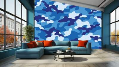 Abstract seamless military blue camo texture for print. Forest background. Vector Wall mural