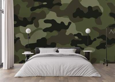 Green camouflage pattern military texture on textile. Repeat print. Fashionable background. Vector Wall mural