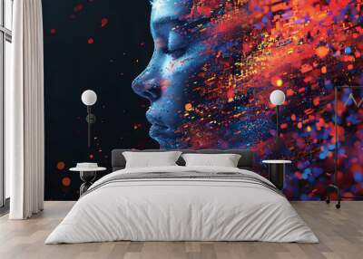 Abstract digital female human face. Wall mural