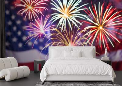 Colorful fireworks with American US flag in the background Wall mural