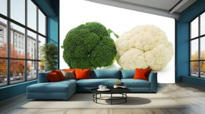 Fresh ripe organic broccoli and cauliflower isolated on white background Wall mural