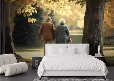 Happy elderly couple walk in park. Generative AI Wall mural