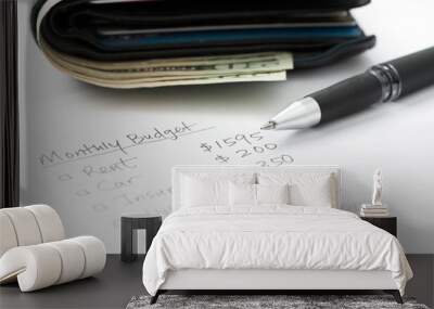 Monthly budget planning sheet with pen and wallet Wall mural