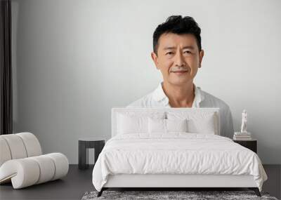 Portrait of stylish asian man, wearing casual white clothes isolated on white background. Wall mural