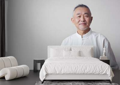 Portrait of stylish asian man, wearing casual white clothes isolated on white background. Wall mural