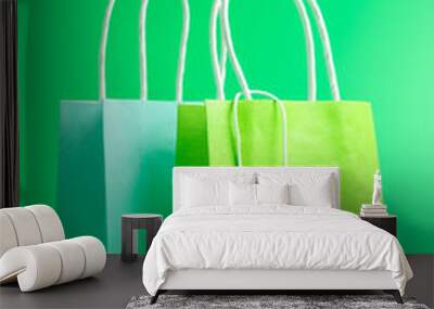 Two green shopping or gift bags with blank label tag isolated on green background Wall mural