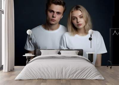 Two hipster models man and woman wearing blank t-shirt, posing against white wall, front tshirt mockup for couple Wall mural