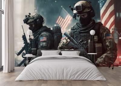 Two US army soldiers carry weapon in war zone with United States flag in the background. AI generative Wall mural