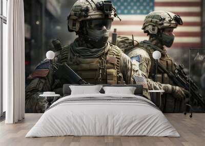 US army soldiers with weapon and united states flag Wall mural