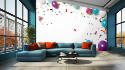 Variety of birthday party supplies on white background, Generative AI Wall mural