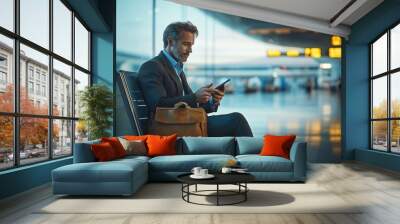 Airport Terminal: Businessman using smartphone waiting for flight Wall mural