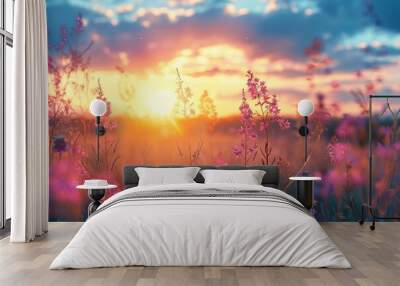 Beautiful blooming wild high grass in nature at sunset  Wall mural