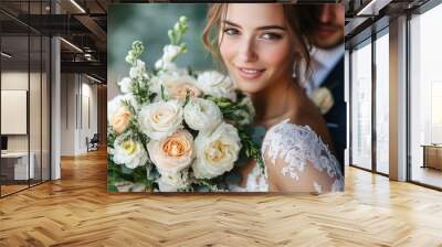 Beautiful pastel colored flower on background of happy couple hugging Wall mural