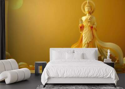 Buddha statue standing on a yellow gold vector illustration background Wall mural